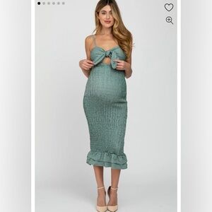 Pink Blush Green Gingham Smocked Fitted Self-Tie Maternity Midi Dress Medium